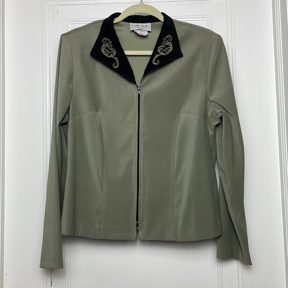 Vintage LESLIE BELLE Blazer front zip embroidery sage green - Picture 1 of 15